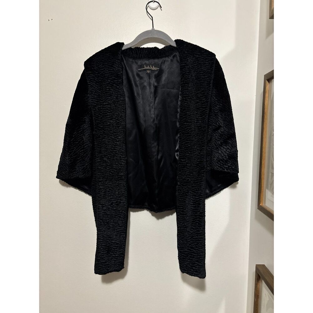 Nicole Miller Black Faux Fur Shawl Wrap Cardigan‎ L Romantic Goth Fairygrunge